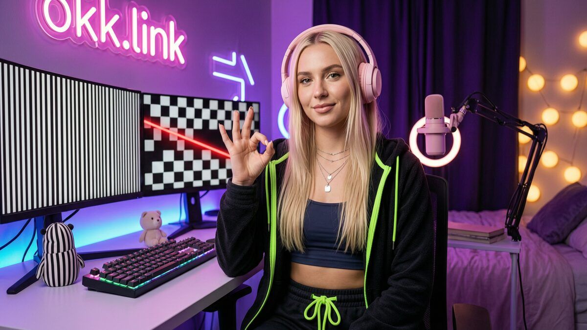 Young woman making an OK gesture at a neon-lit desk setup for the barcode reader tool