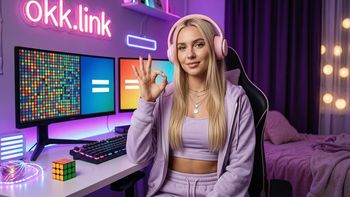 A young woman makes an OK hand gesture in a neon setup to demonstrate the Base64 decoder