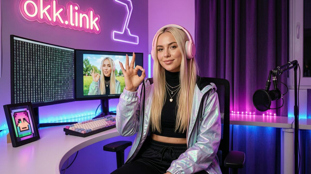 Young woman making an OK gesture at a neon streamer setup demonstrating the Base64 to Image tool