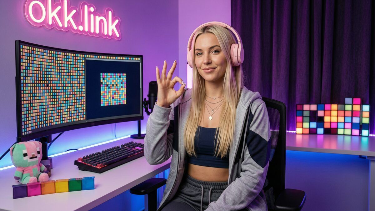 young woman making an OK gesture at a neon battlestation displaying icon grids for the BMP to ICO converter