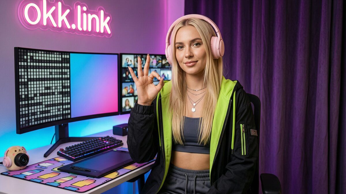 young woman making an OK gesture at a neon-lit workspace demonstrating the BMP to JPG image converter