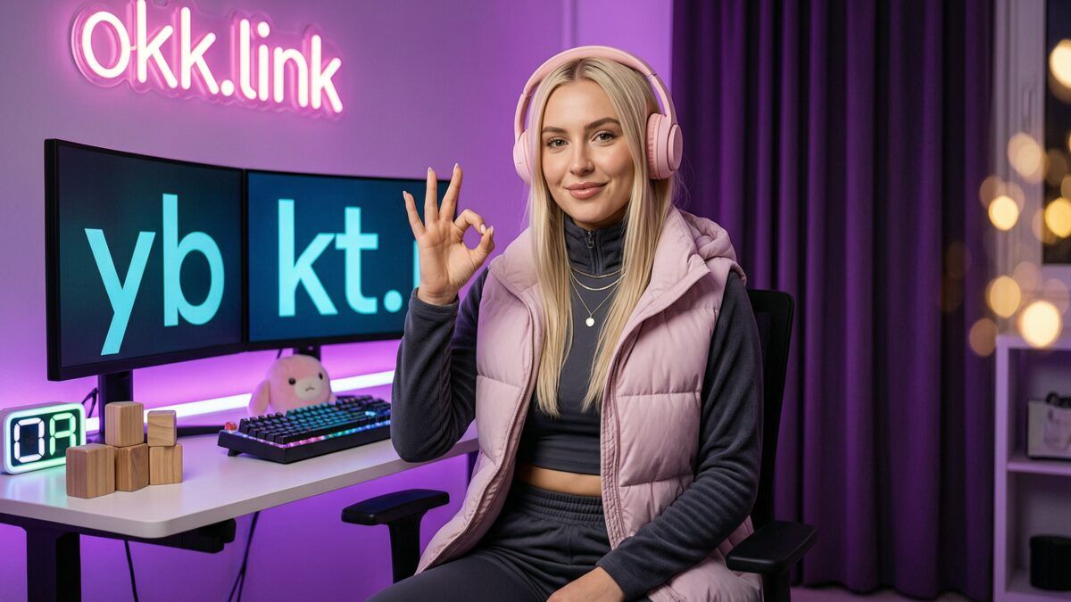 young woman at a neon streamer setup making an OK gesture next to a case converter tool interface