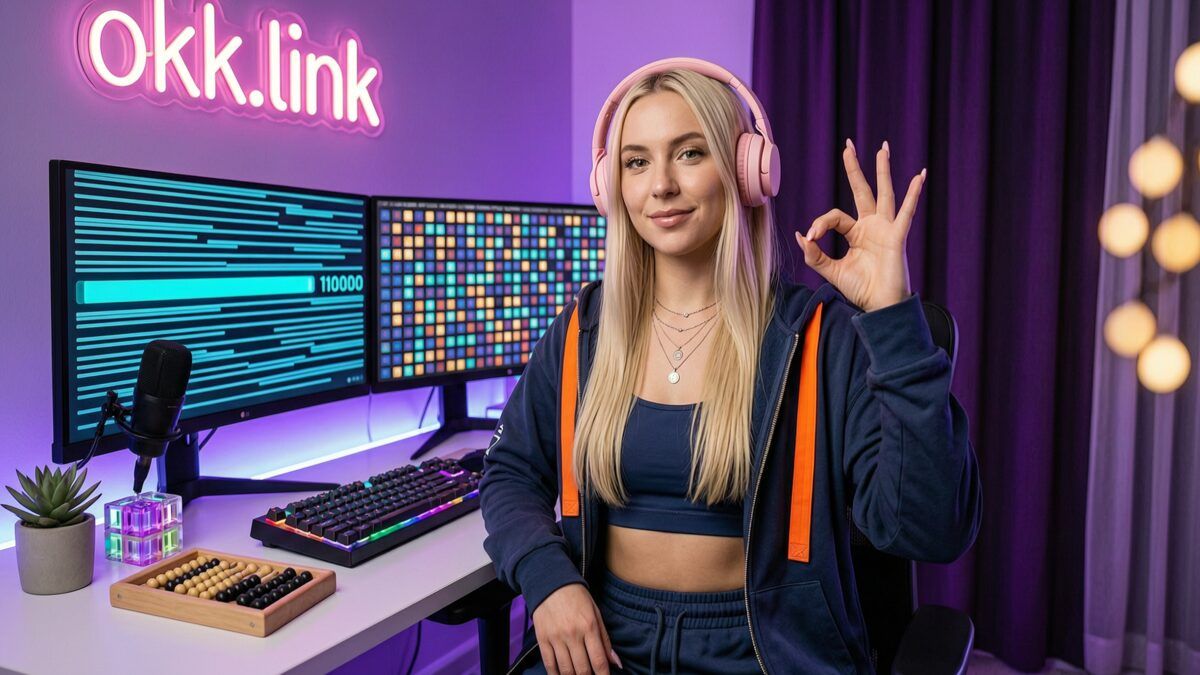 Young woman making an OK gesture at a neon character counter workspace