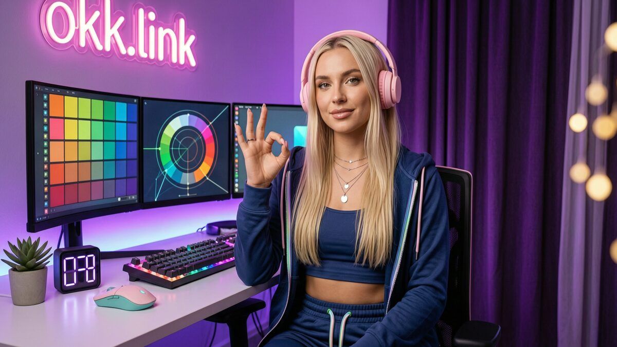 A young woman makes an OK hand gesture at her neon desk while using the color converter tool