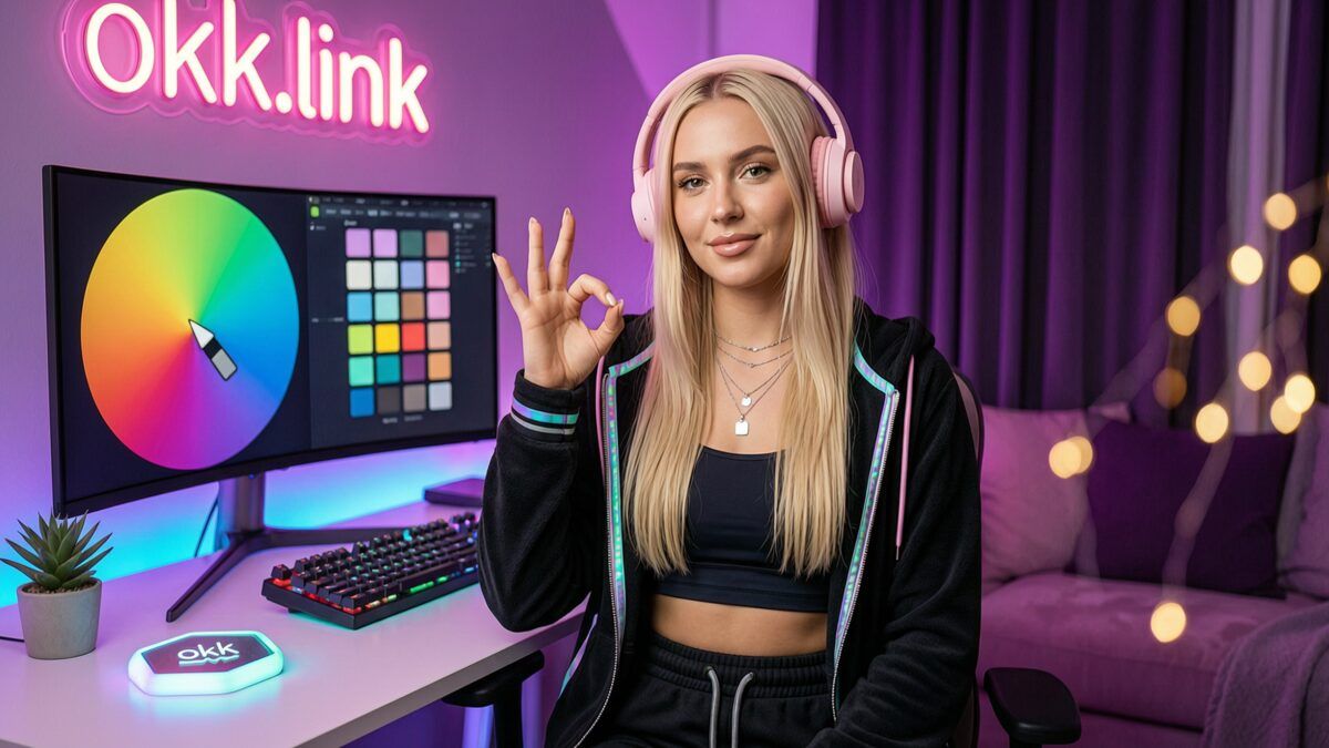 Young woman demonstrating the color picker tool at a glowing neon desk