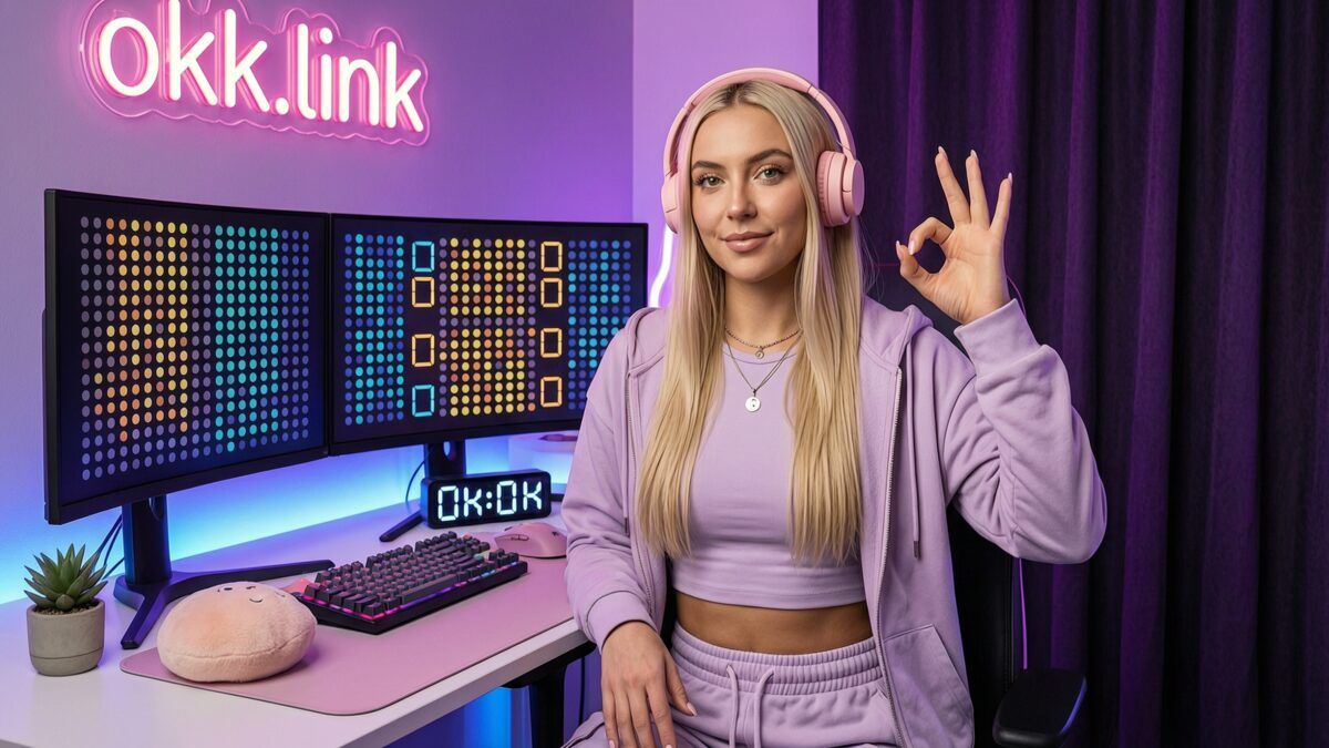 young woman making an OK gesture at a neon streamer desk for the decimal converter tool
