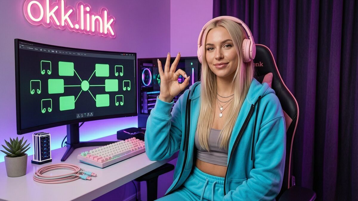 a young woman makes an OK gesture at a neon-lit workspace for a DNS lookup tool