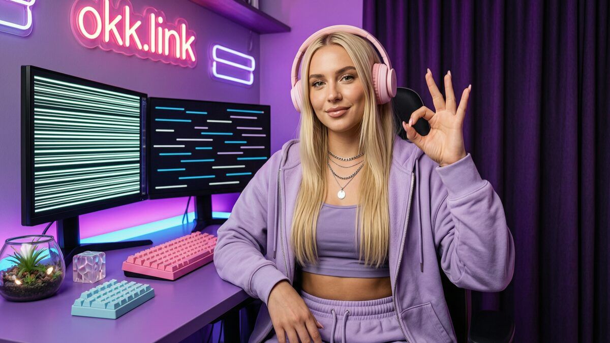Young woman making an OK gesture at a neon battlestation for the duplicate lines remover tool