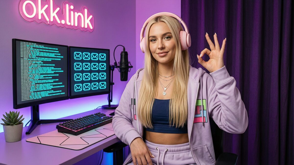 young woman making an OK gesture at a neon battlestation demonstrating the email extractor tool