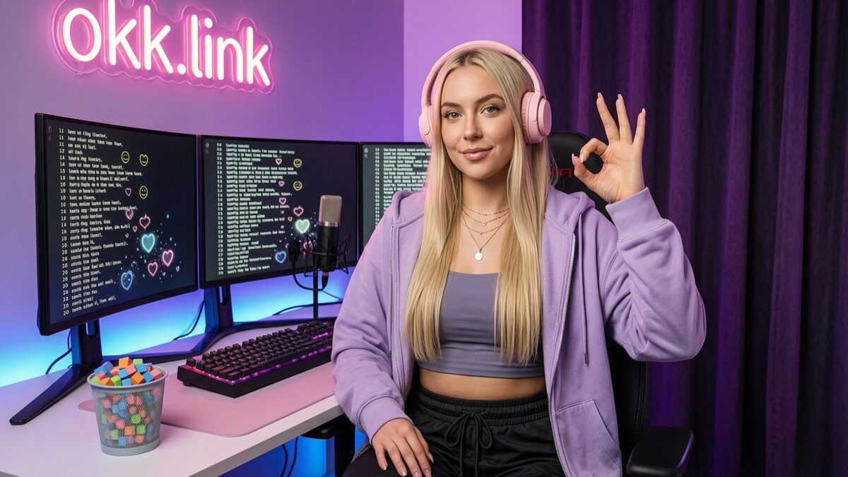 young woman making an OK gesture at a neon-lit desk showing emojis being removed from text