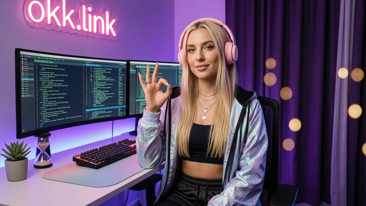 A young woman makes an OK gesture at a neon streamer setup demonstrating the file mime type checker