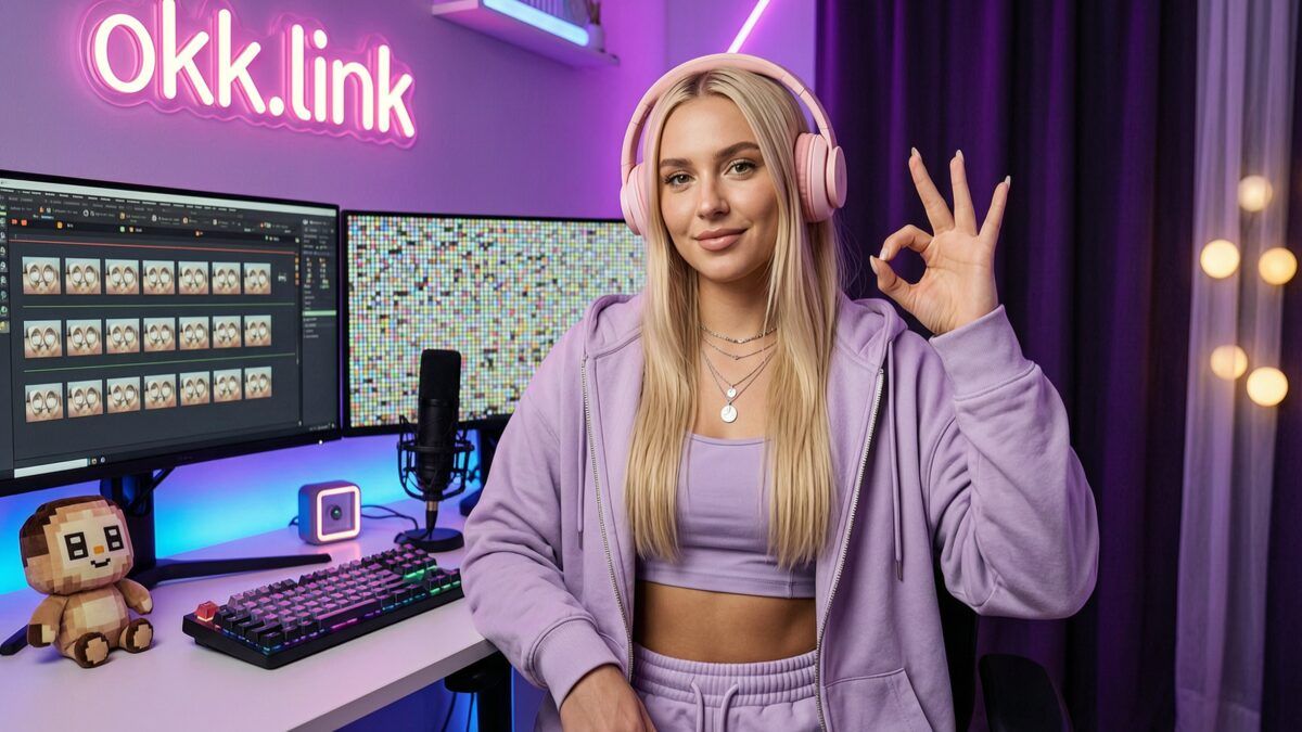 young woman using the GIF to BMP converter at a neon streamer workspace