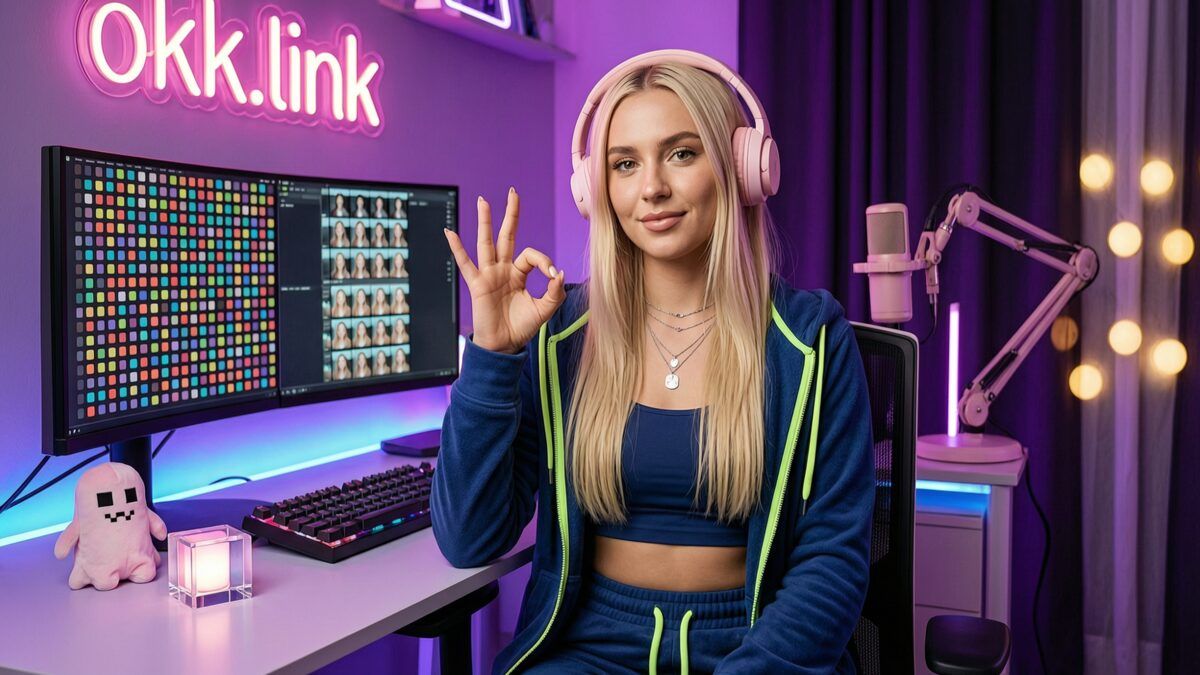 Young woman making an OK gesture at a neon-lit desk for the GIF to ICO tool