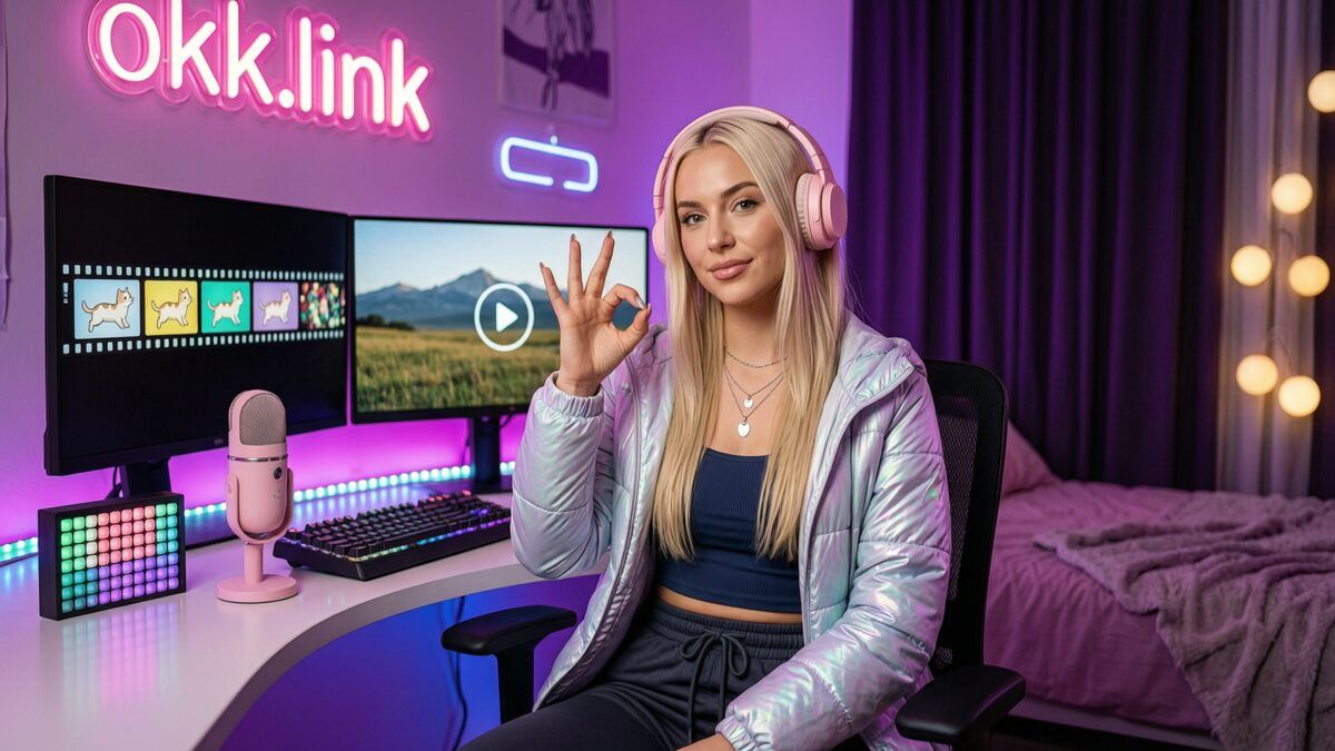 young woman making an OK gesture at a neon streamer setup demonstrating the GIF to JPG tool