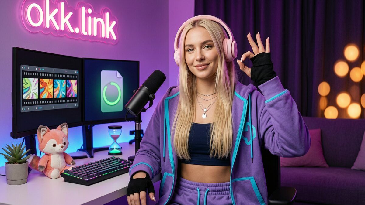 The young woman makes an OK hand gesture at a neon-lit desk using the GIF to WEBP tool