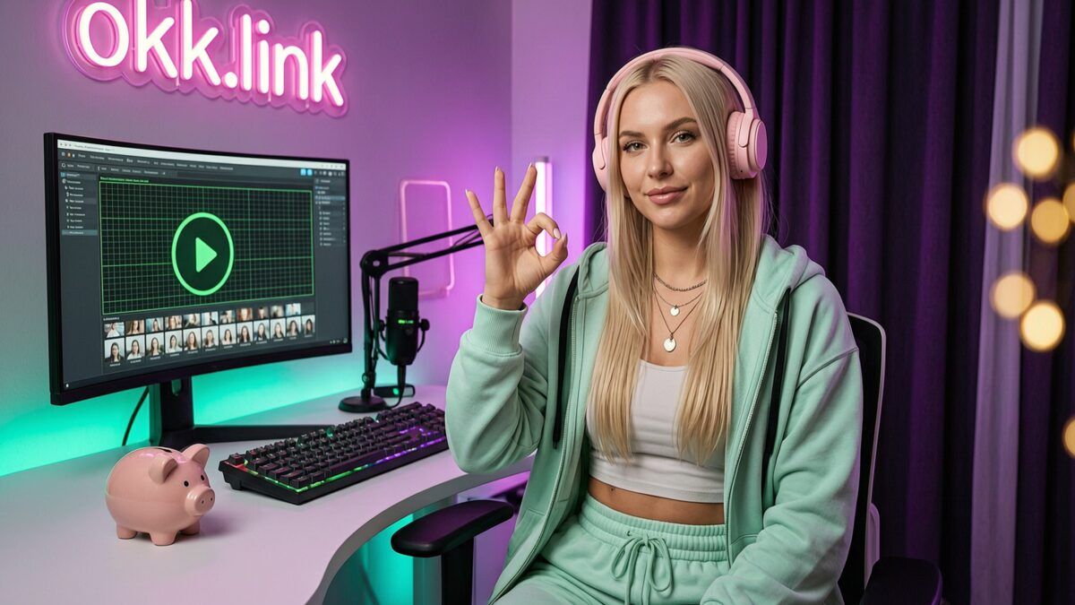 young woman making an OK gesture at a neon streamer setup using a Google cache checker tool