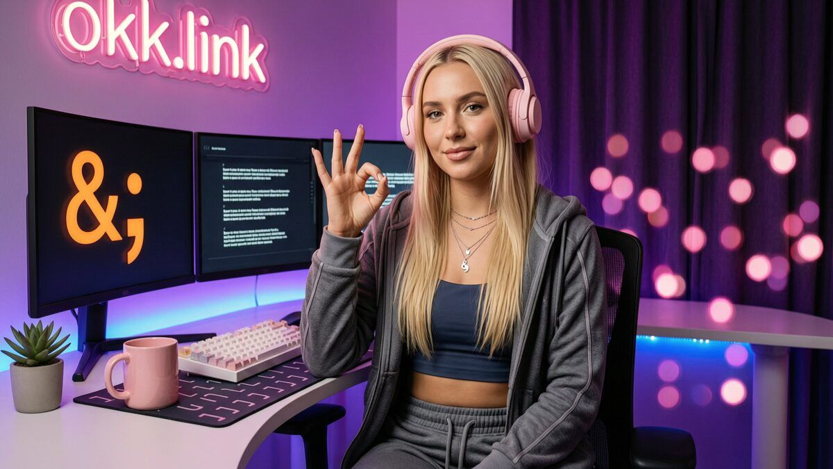 A young woman demonstrates the HTML entity converter tool while making an OK gesture at a neon desk