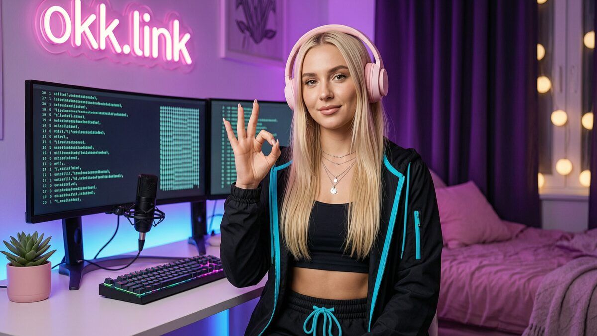 Young woman making an OK gesture at a neon streamer workspace demonstrating the HTML minifier tool