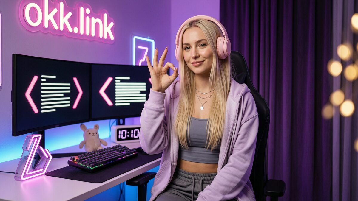 A young woman makes an OK gesture at a neon desk featuring the HTML tags remover tool