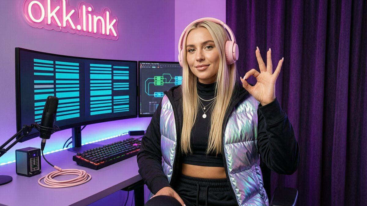 Young woman making an OK gesture at a neon battlestation for the HTTP headers lookup tool
