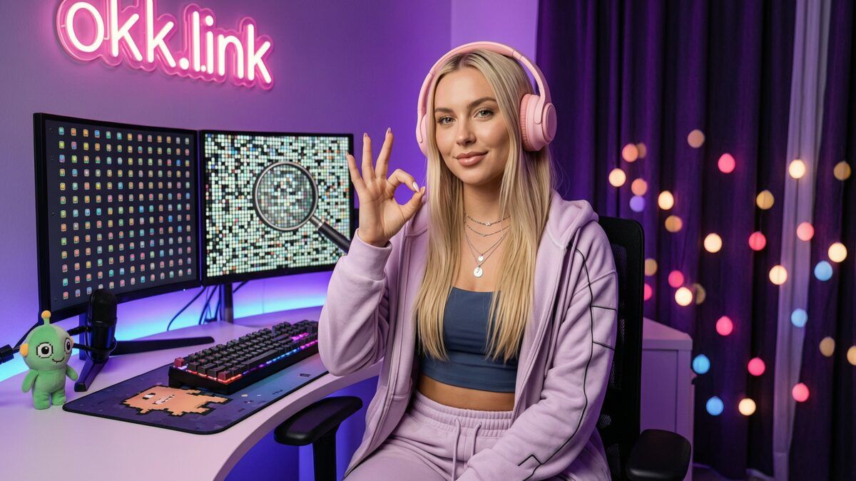 young woman making an OK hand gesture at a neon desk illustrating the ICO to BMP converter tool