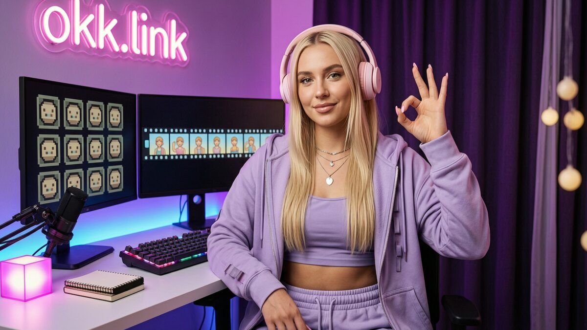 Young woman making an OK hand gesture at a neon desk demonstrating the ICO to GIF converter