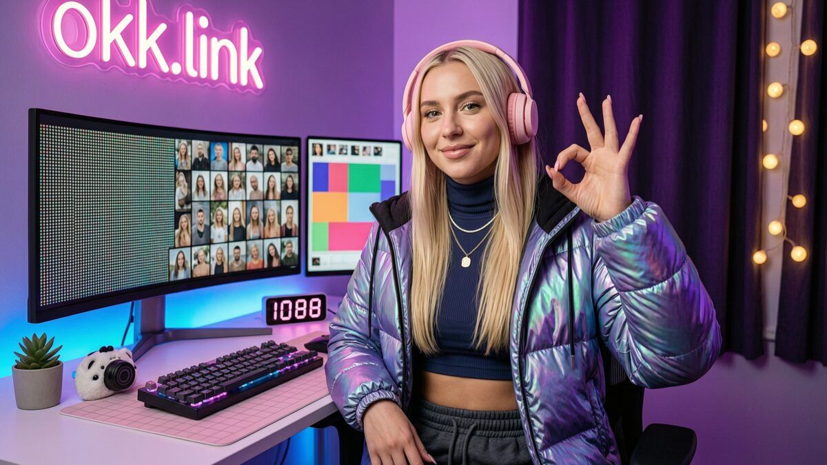 Young woman making an OK hand gesture at her neon streamer desk to demonstrate the ICO to JPG converter
