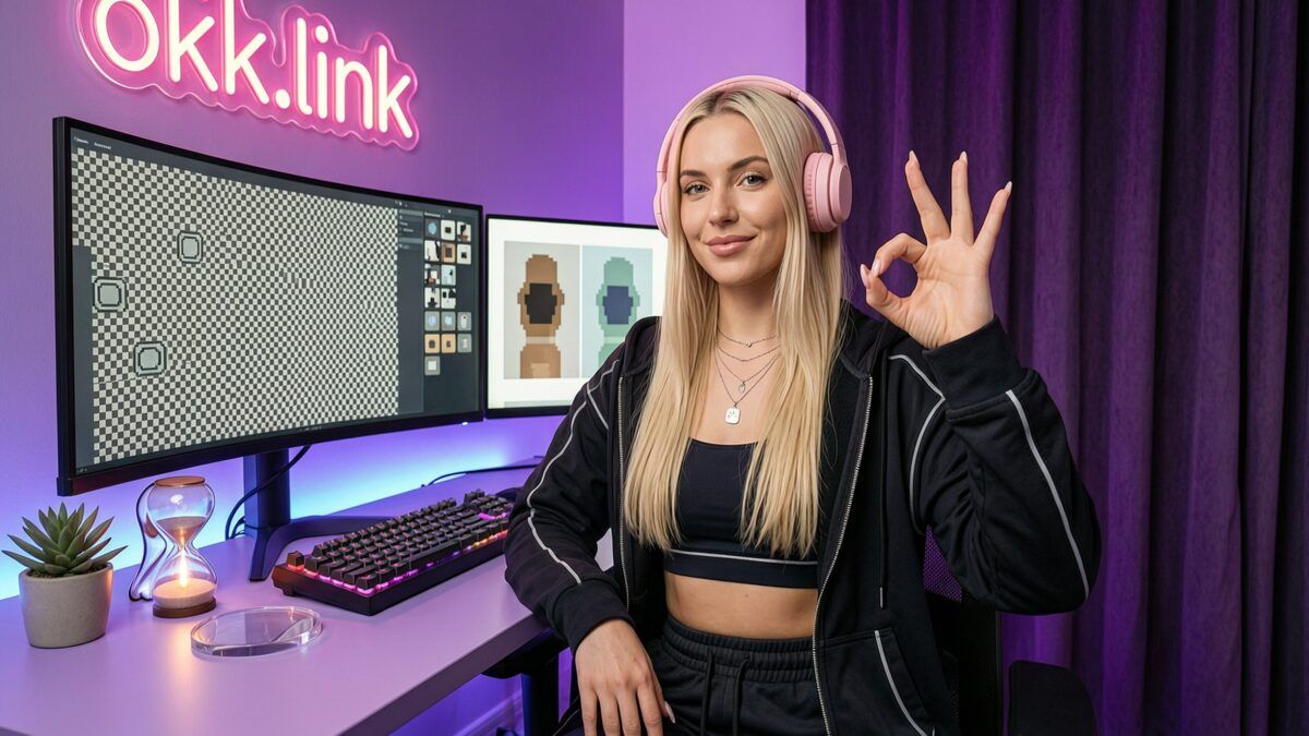 Young woman making an OK gesture at a neon-lit streamer desk demonstrating the ICO to PNG tool