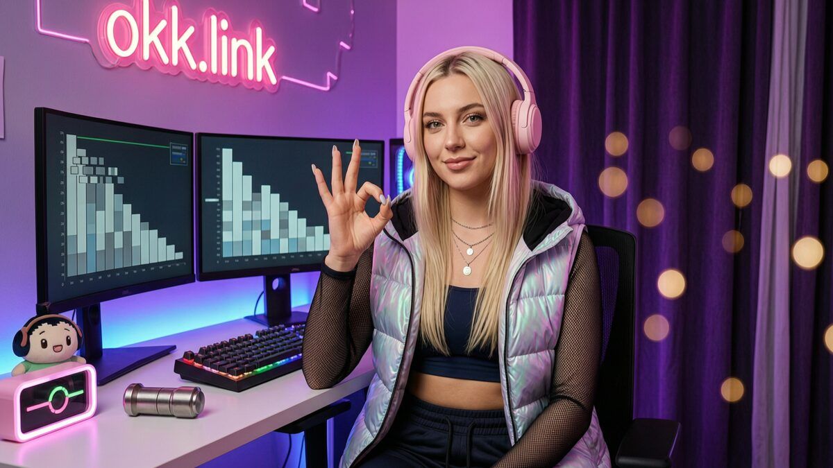 smiling woman demonstrating the image optimizer tool at a neon streamer desk