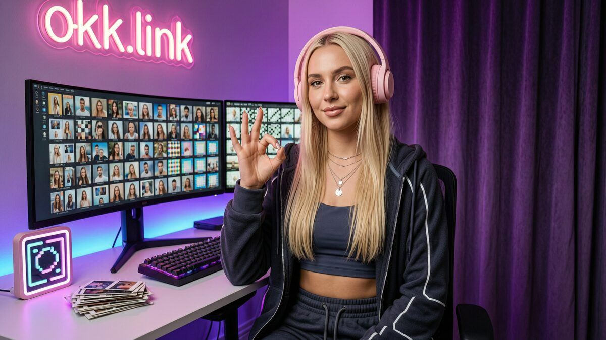 young woman making an OK gesture at a neon battlestation using the JPG to BMP converter