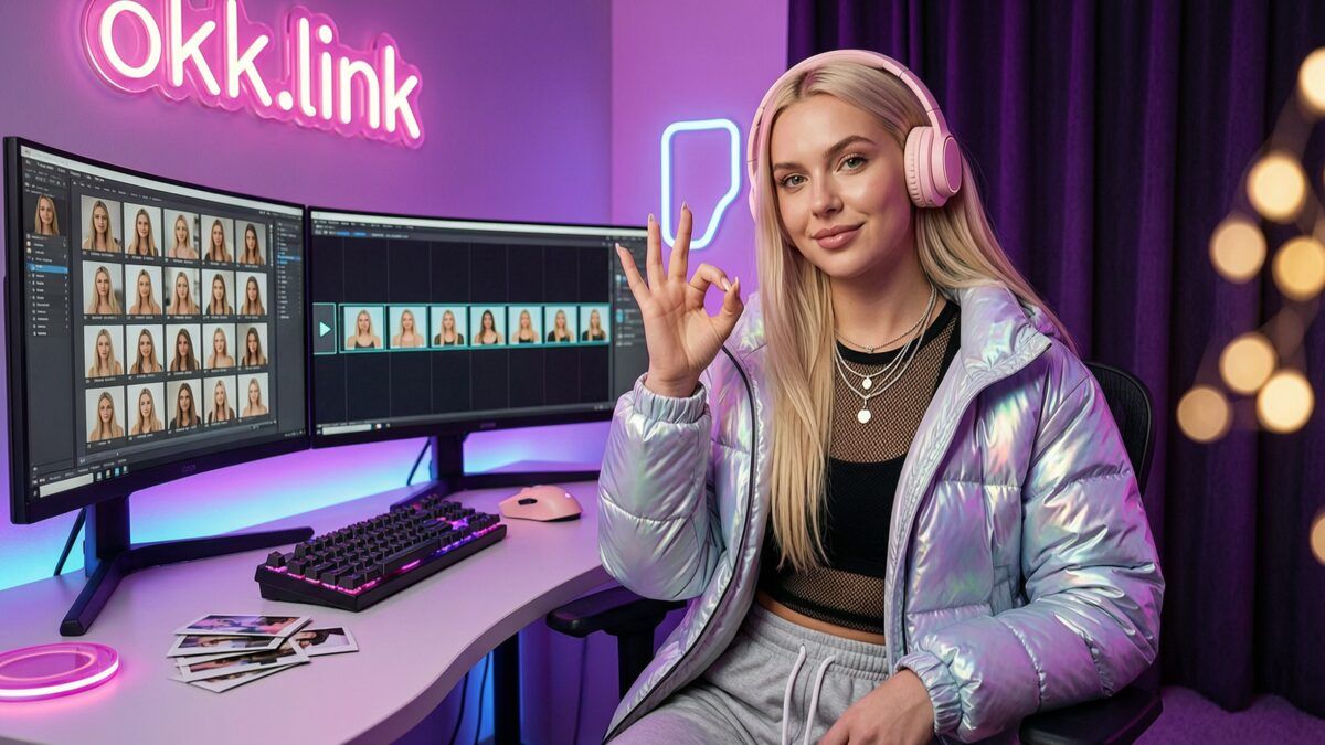 Young woman at a neon streamer setup demonstrating the JPG to GIF converter tool
