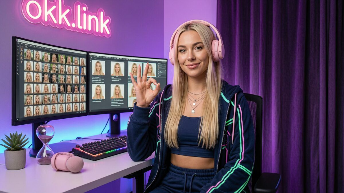 young woman demonstrates the JPG to PNG tool at a neon streamer setup