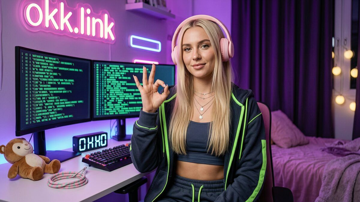 young woman at a neon streamer setup using a javascript minifier tool