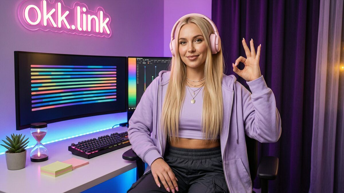 Young woman at a neon streamer desk making an OK gesture next to a list alphabetizer tool interface