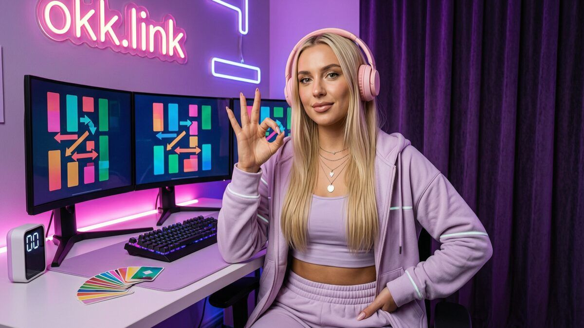 young woman making an OK gesture demonstrating the online list randomizer tool at a neon desk