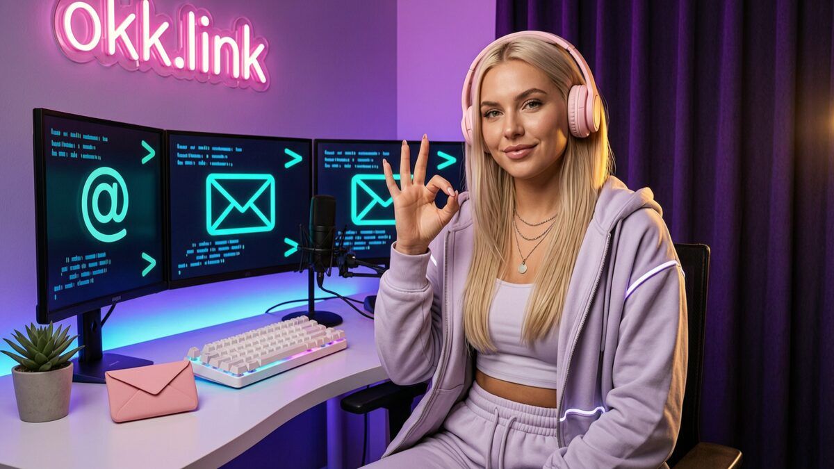 The photo shows a young woman making an OK gesture at a neon desk for the mailto link generator