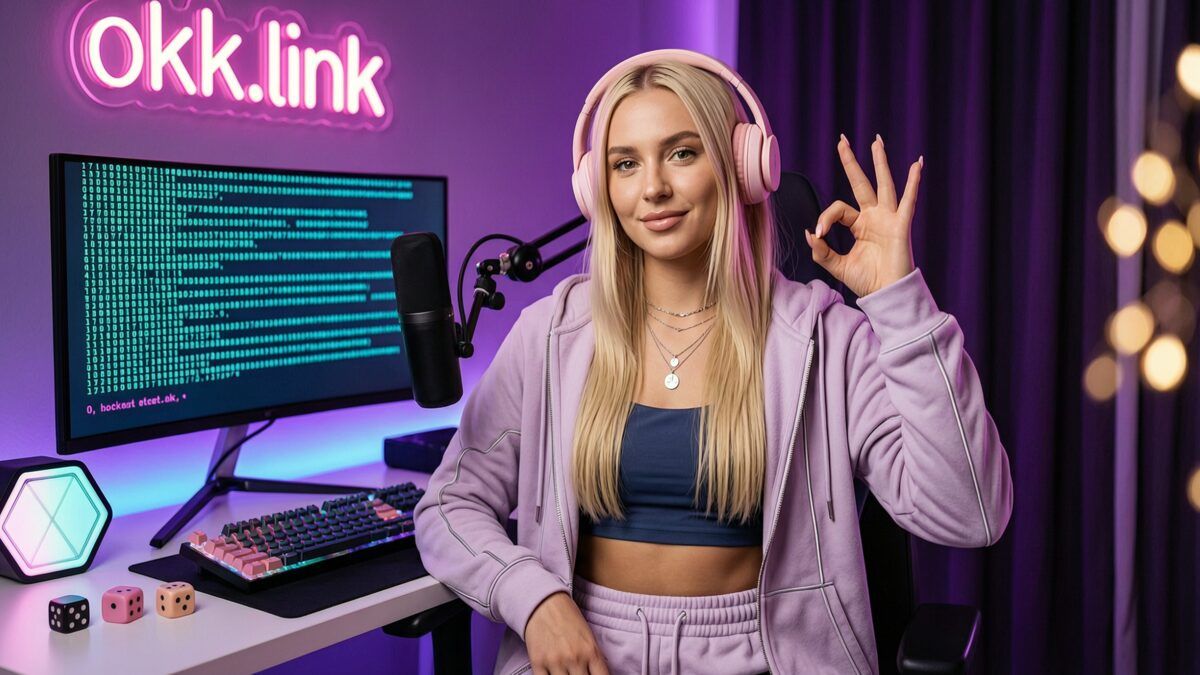 young woman making an OK gesture at a neon-lit desk showcasing the MD5 generator tool