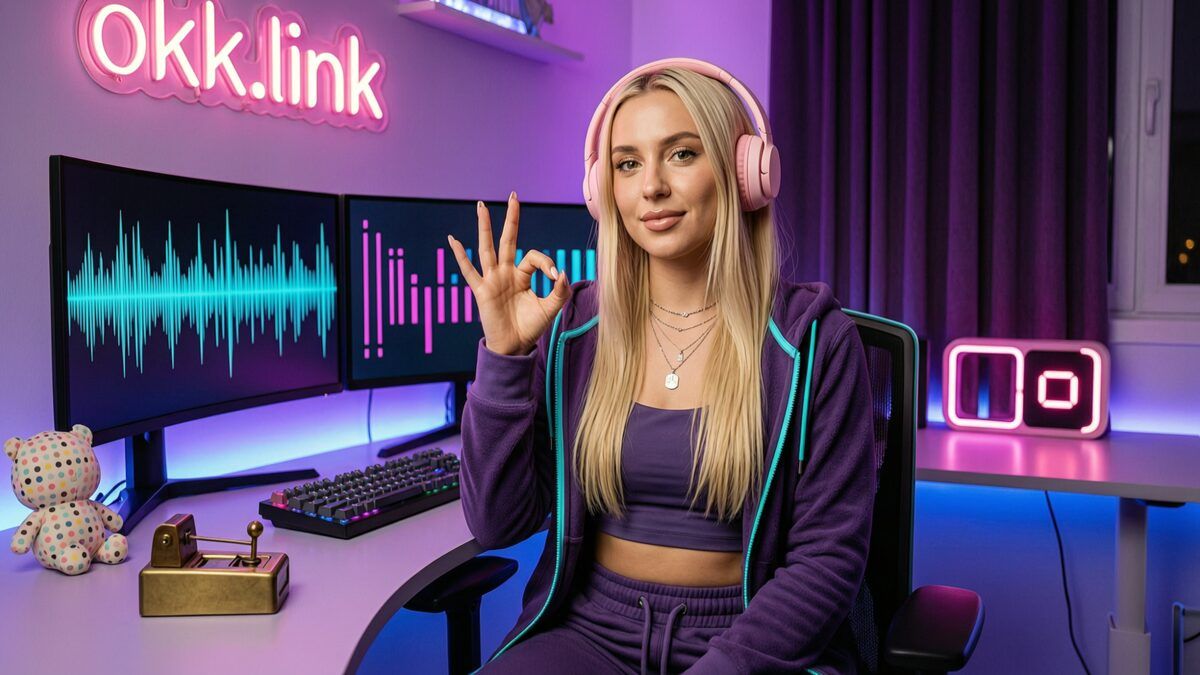 Young woman making an OK hand gesture at a neon streamer setup demonstrating the Morse converter tool
