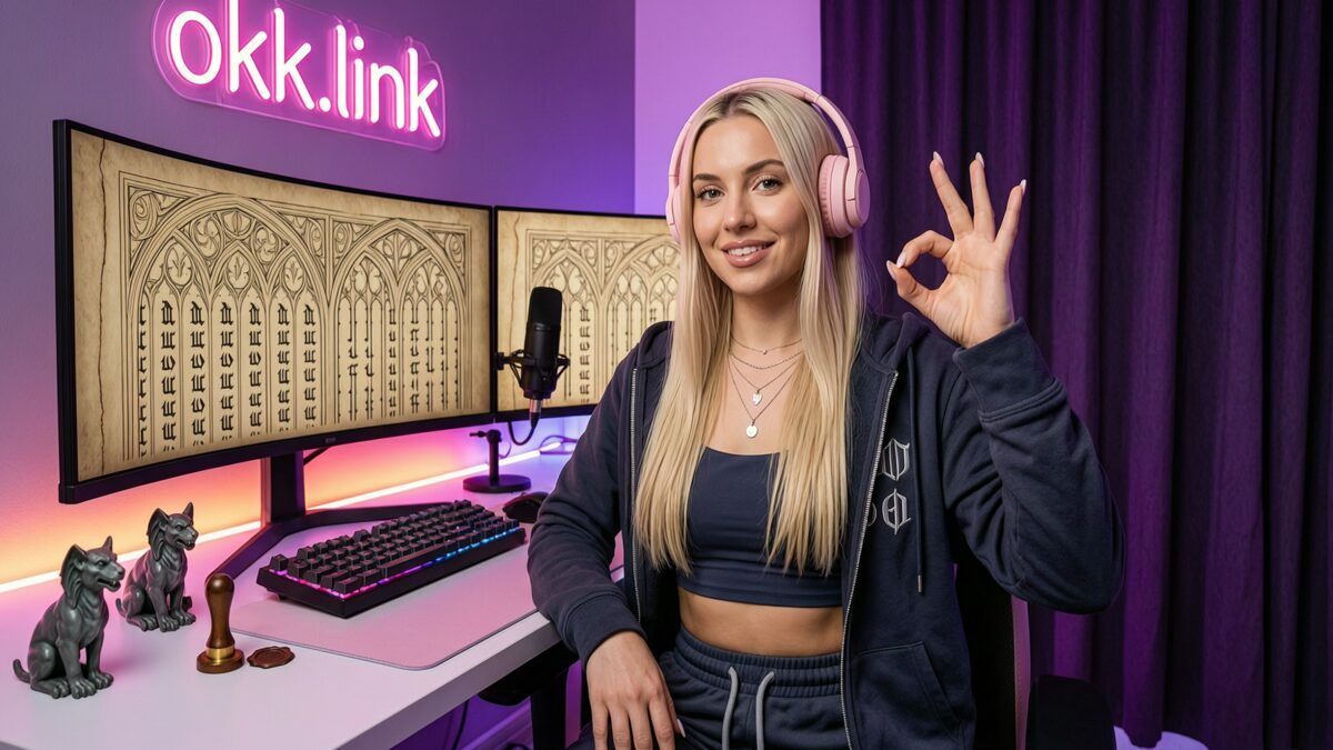 young woman making an OK gesture at a neon desk demonstrating the Old English text generator