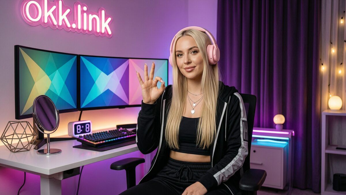 Young woman making an OK hand gesture at a neon-lit desk demonstrating the palindrome checker