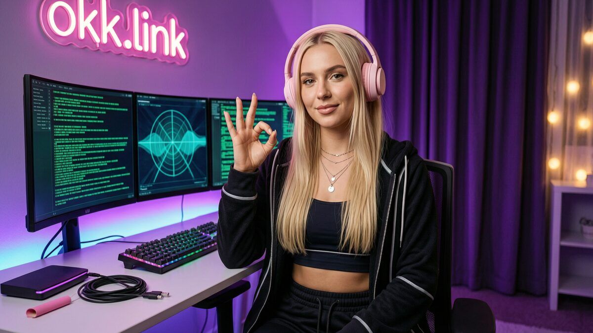A young woman making an OK gesture at a neon-lit desk for the Ping tool