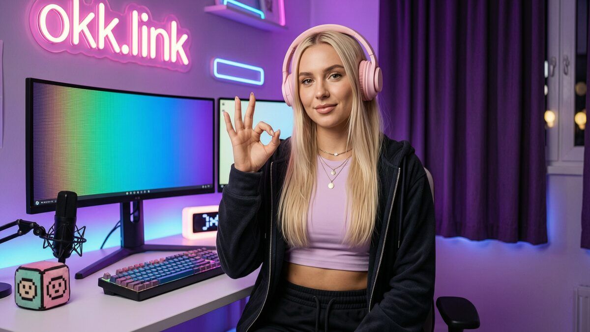 A young woman makes an OK gesture at a neon desk using the PNG to BMP tool