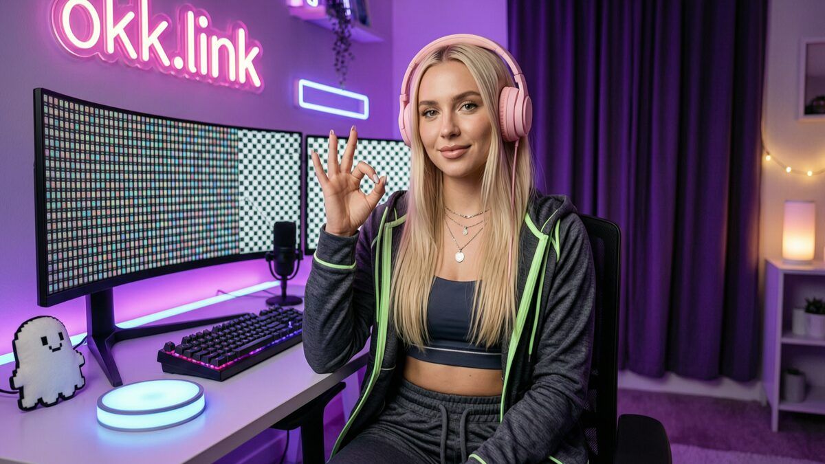 young woman making an OK hand gesture at a neon streamer desk using a PNG to ICO tool