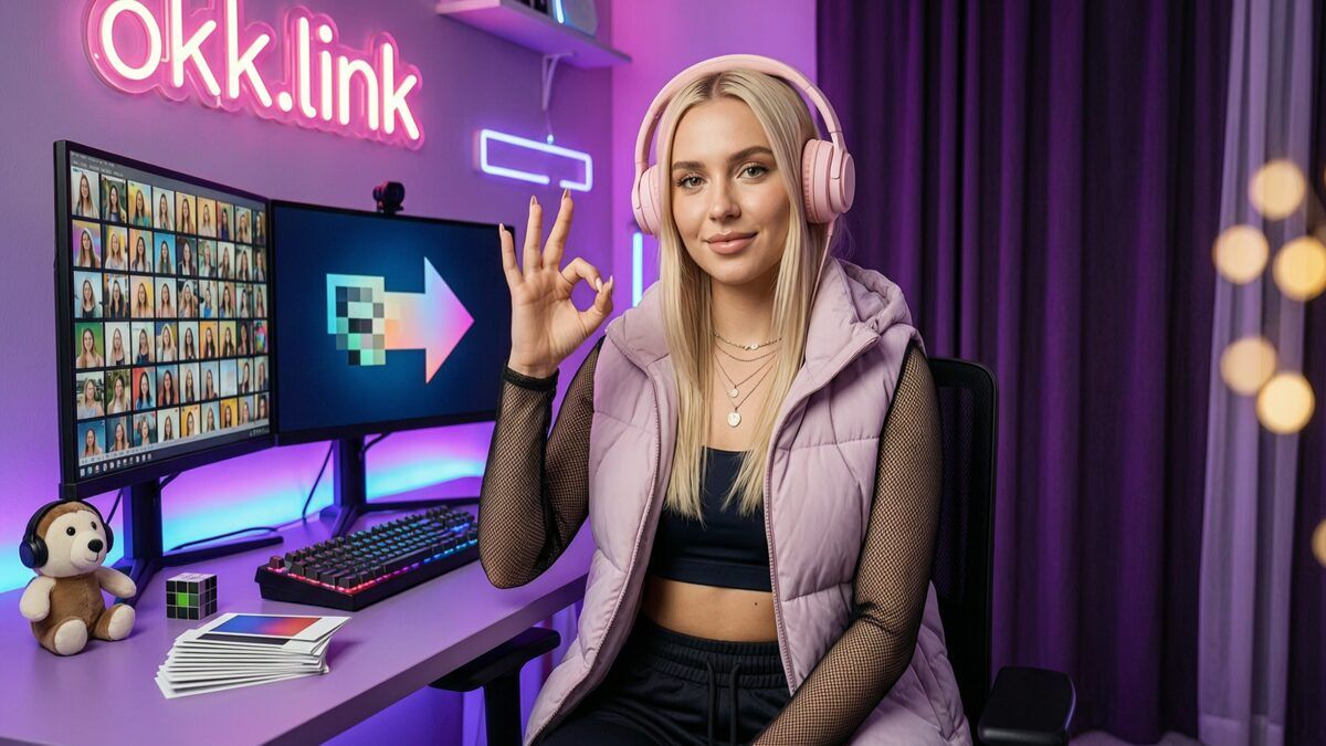 Young woman making an OK gesture at a neon streamer setup demonstrating the PNG to JPG tool