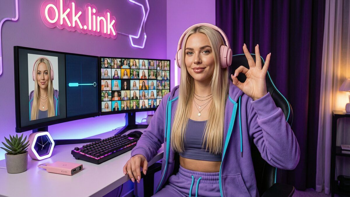 Young woman making an OK gesture at a neon workspace for the PNG to WEBP tool