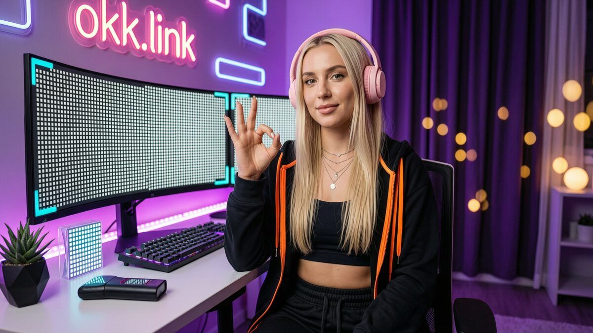 A young woman making an OK hand gesture at a neon setup demonstrating the QR code reader tool