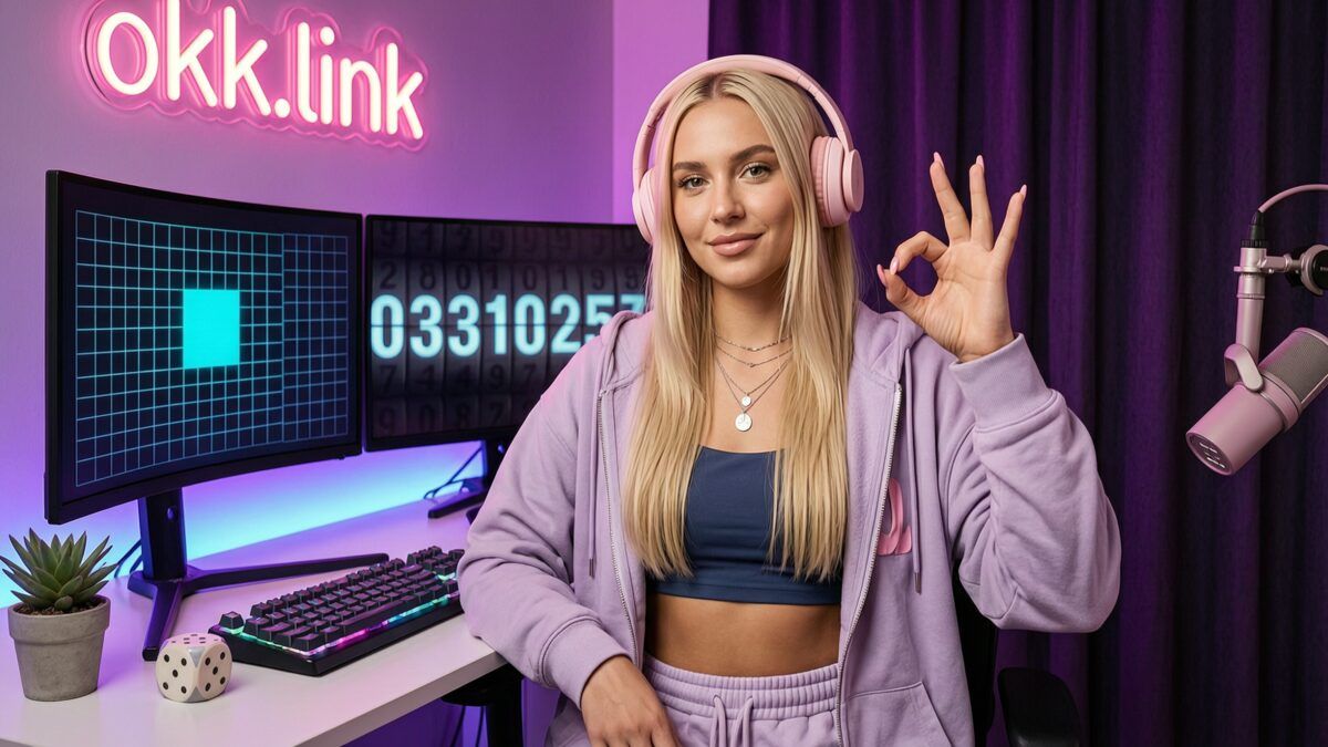 young woman making an OK gesture at a neon streamer setup displaying a random number generator