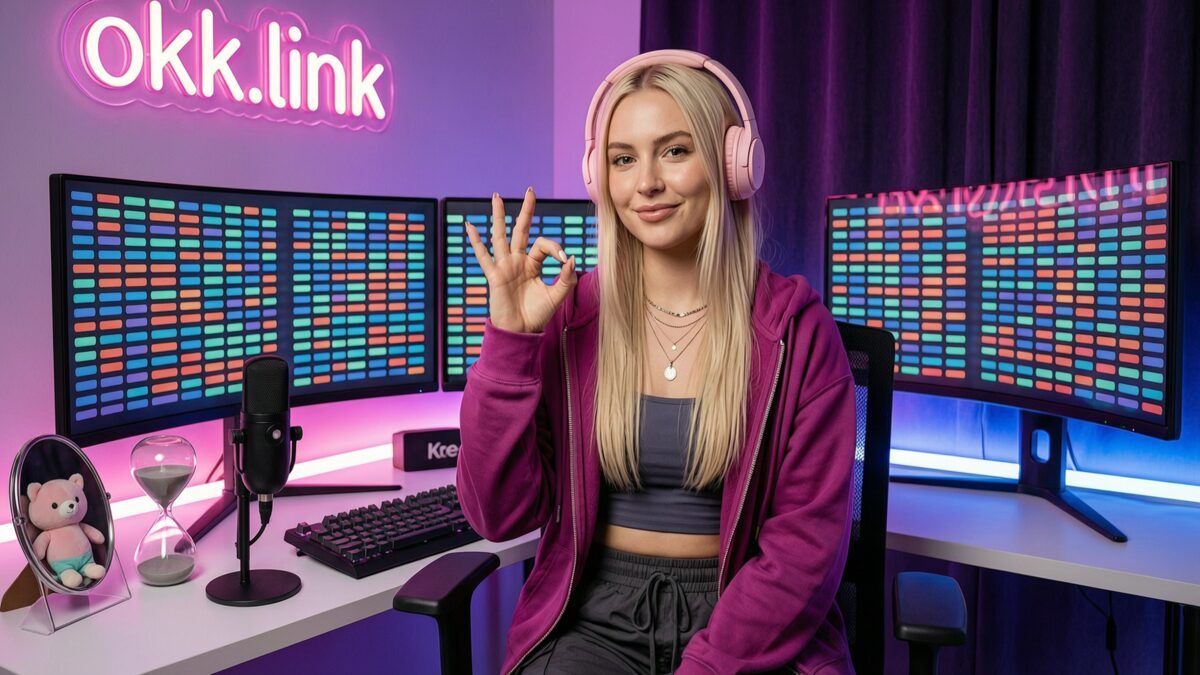 young woman at a neon streamer desk demonstrating the reverse letters tool