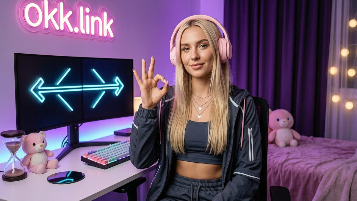 Young woman making an OK gesture at a neon streamer desk for the reverse words tool