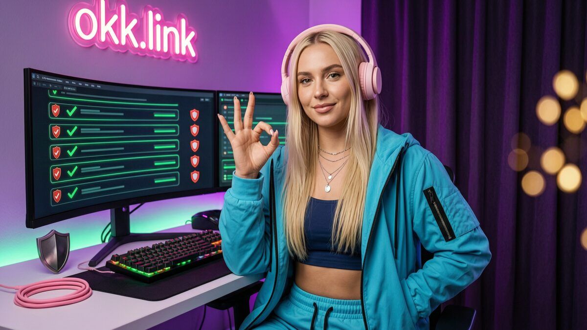 young woman making an OK hand gesture at a neon battlestation for the safe URL checker